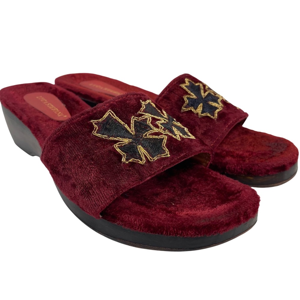 Vintage Luca Stefani Cross Velvet Wedge Sandals Women 41/10 Red Gothic Slides